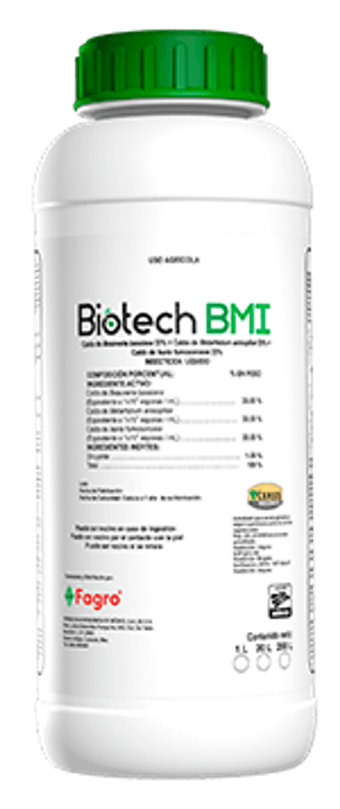 Botella de 1 litro de Biotech BMI, insecticida biológico de Fagro