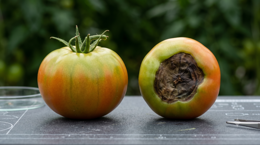 Comparación científica de tomate con pudrición apical y tomate firme, síntesis del artículo sobre calcio y firmeza.