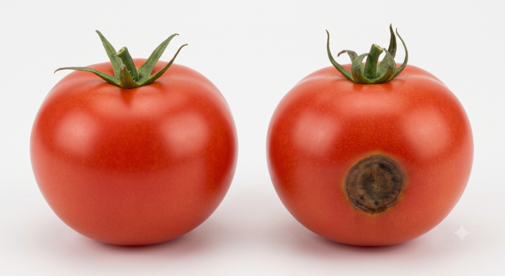 Fruto de tomate firme junto a un fruto con signos tempranos de pudrición apical, mismo tamaño y etapa.