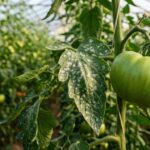 Hoja de cultivo con manchas tempranas de oidio junto a un fruto sano y grande en la misma planta.