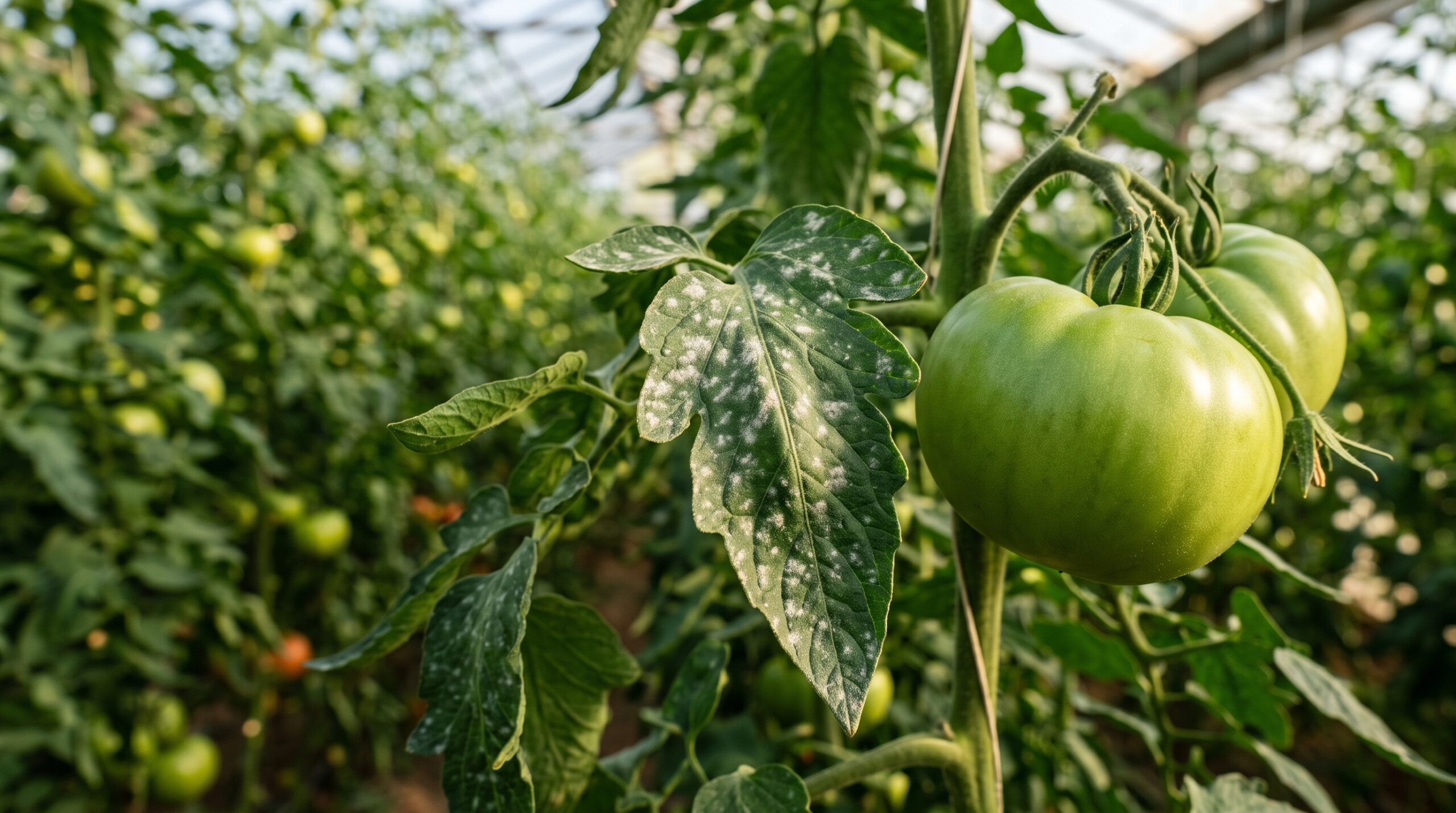 Hoja de cultivo con manchas tempranas de oidio junto a un fruto sano y grande en la misma planta.