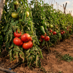 Cultivo de tomate en fase de fruto formado bajo luz de finales de verano, con las primeras señales de presión fúngica en algunas hojas.