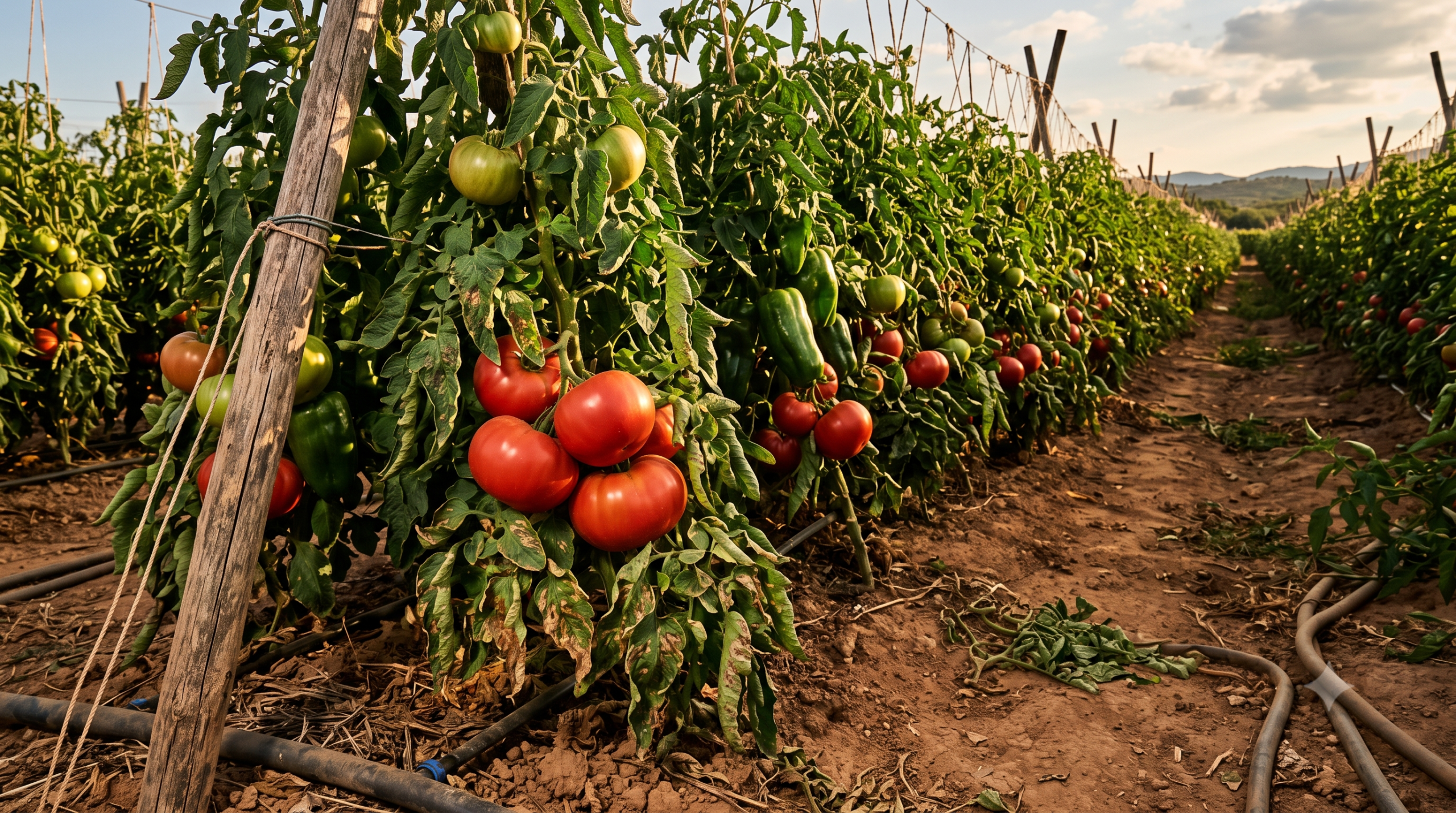 Cultivo de tomate en fase de fruto formado bajo luz de finales de verano, con las primeras señales de presión fúngica en algunas hojas.