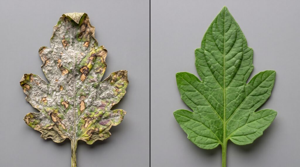 Comparación visual de una hoja tratada repetidamente con el mismo fungicida vs una hoja con programa rotado.