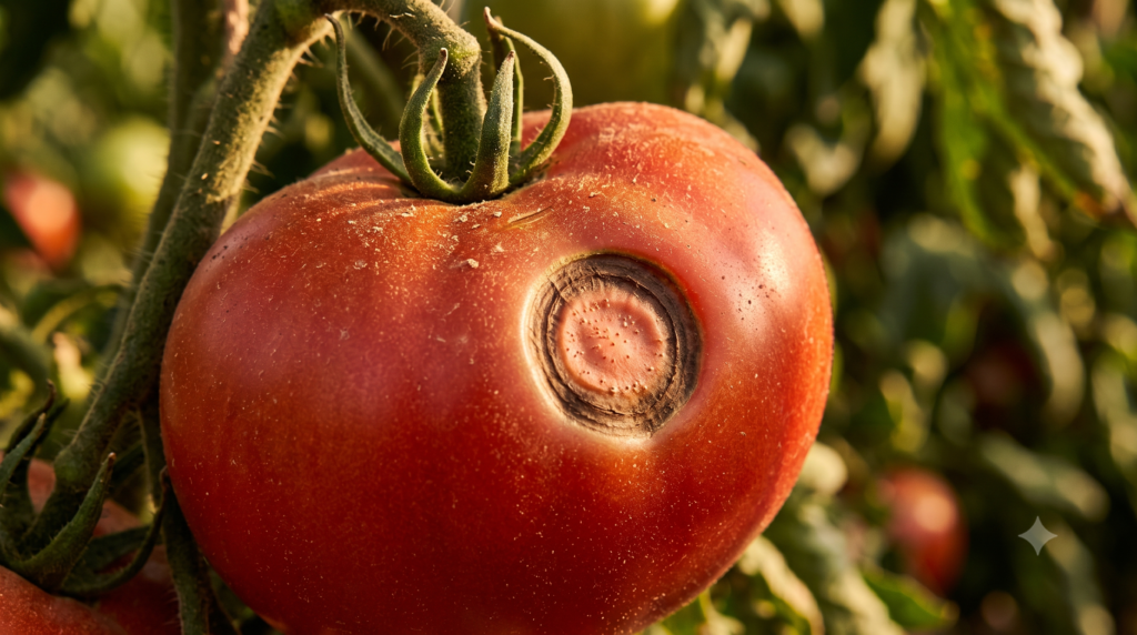 Fruto de tomate grande y pesado con una lesión temprana de antracnosis apenas visible.