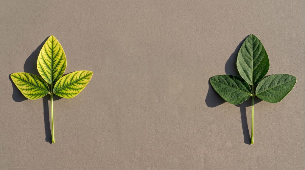 Hoja con amarillamiento internervial característico, con las nervaduras todavía verdes.