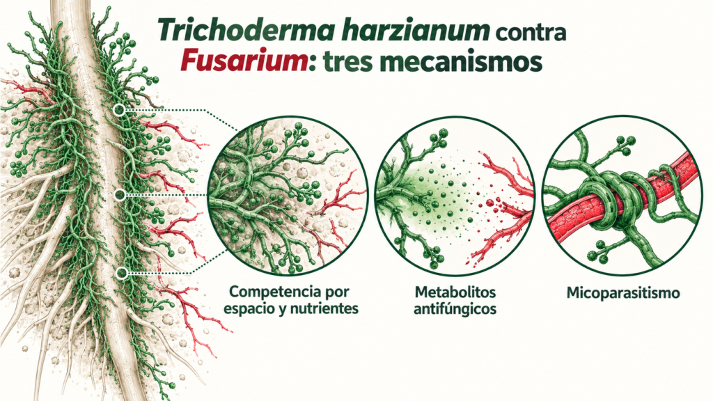 Infografía de Trichoderma harzianum en la raíz: competencia, metabolitos antifúngicos y micoparasitismo contra Fusarium