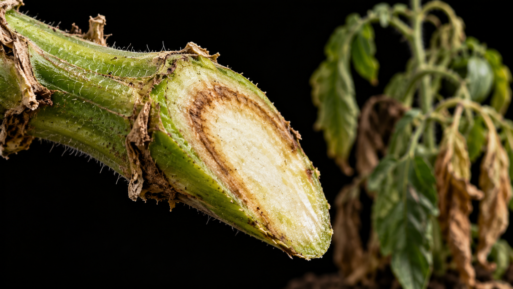 Tallo de jitomate cortado con el haz vascular café de la marchitez por Fusarium en hortalizas, sobre fondo negro
