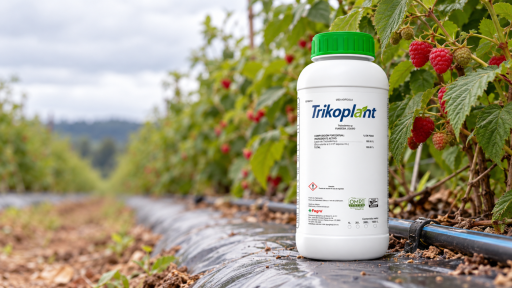 Botella de Trikoplant, fungicida biológico para Fusarium con Trichoderma harzianum, junto a un surco de frambuesa