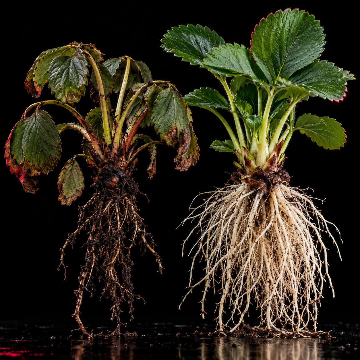 Planta de fresa con marchitez por Fusarium y raíz oscura junto a una planta sana de raíz blanca, sobre fondo negro