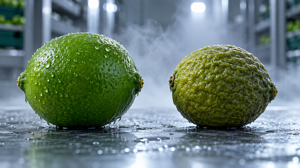 Macro de dos limones persas: cáscara lisa y turgente frente a cáscara arrugada por deshidratación de cítricos