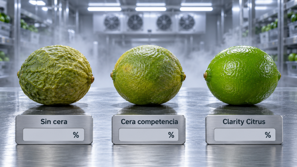 Tres limones persas a 14 días: sin cera arrugado, con cera de competencia apagado y con Clarity Citrus liso