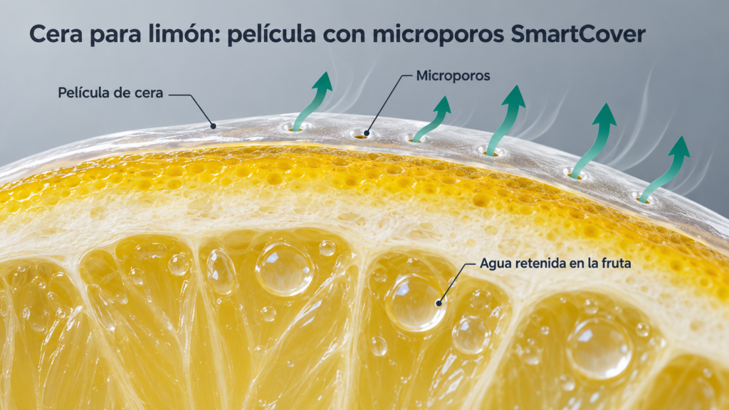 Corte esquemático de la cáscara de limón con película de cera para limón y microporos que regulan la respiración