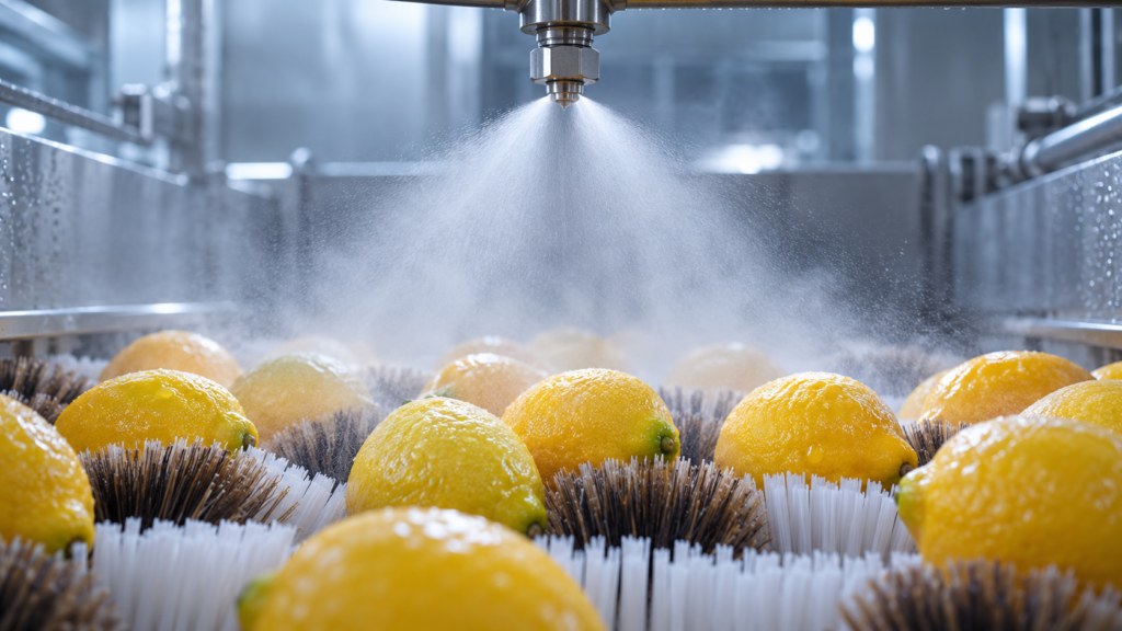 Boquilla de nebulización aplicando cera sobre limones en cepillos de nylon y cerda durante el encerado de cítricos