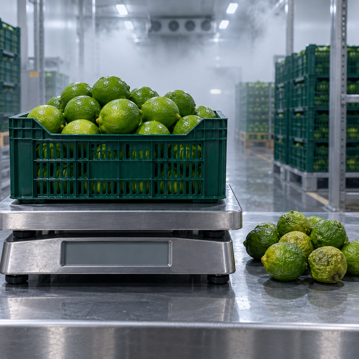 Báscula de empaque con limones persas firmes y brillantes junto a limones opacos y arrugados por pérdida de peso