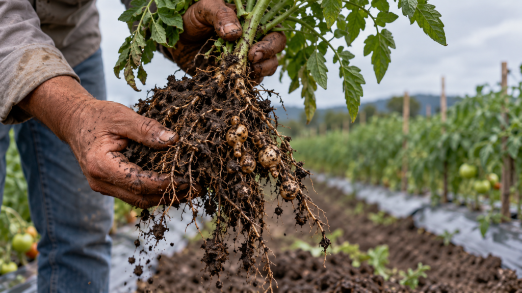 Manos sosteniendo una planta de jitomate recién arrancada con agallas en las raíces y tierra húmeda cayendo