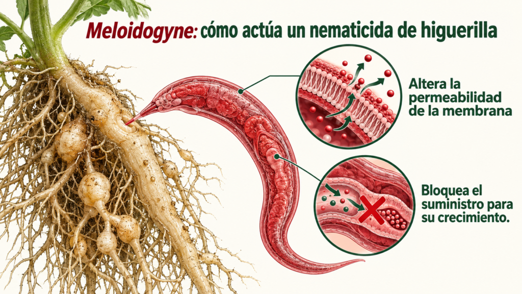 Infografía de un nematodo Meloidogyne con la membrana alterada y el suministro de nutrientes bloqueado