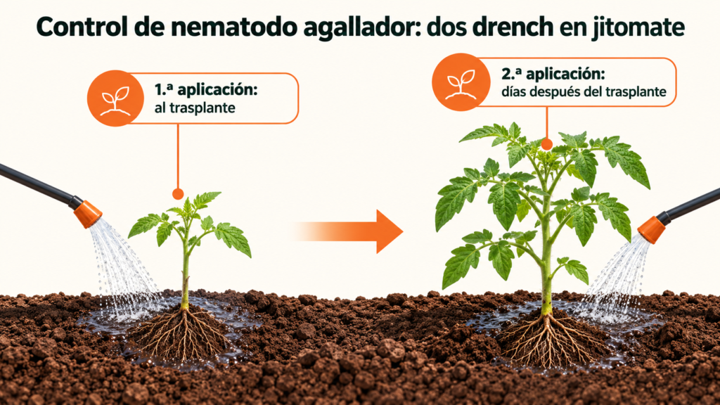 Línea de tiempo del control de nematodo agallador en jitomate: drench al trasplante y segundo drench posterior
