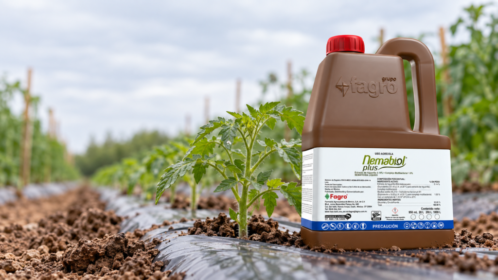 Botella de 950 mL de Nemabiol Plus, nematicida de higuerilla contra nematodo agallador, en un surco de jitomate recién trasplantado