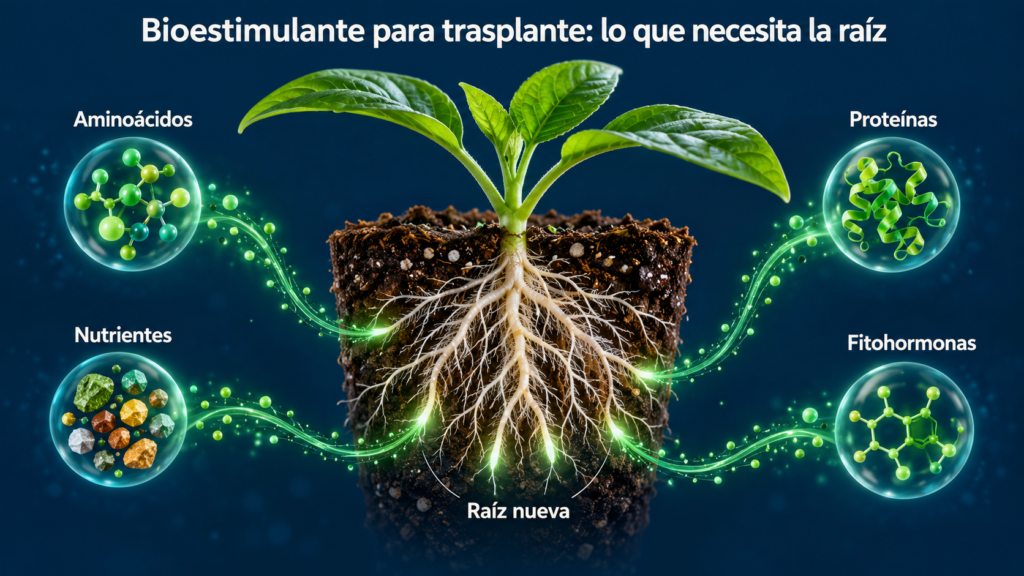 Infografía de raíz nueva que recibe aminoácidos, proteínas, nutrientes y fitohormonas de un bioestimulante para trasplante