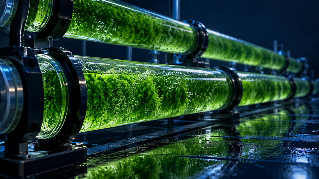 Tubos de fotobiorreactor con cultivo verde de microalgas, origen de un enraizador orgánico, en ambiente de clave baja