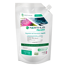Nerthus Florebit Growth regulator. Promotes flowering, relieves from abiotic stress, and nourishes the plant with the power of bioactive compounds from microalgae.